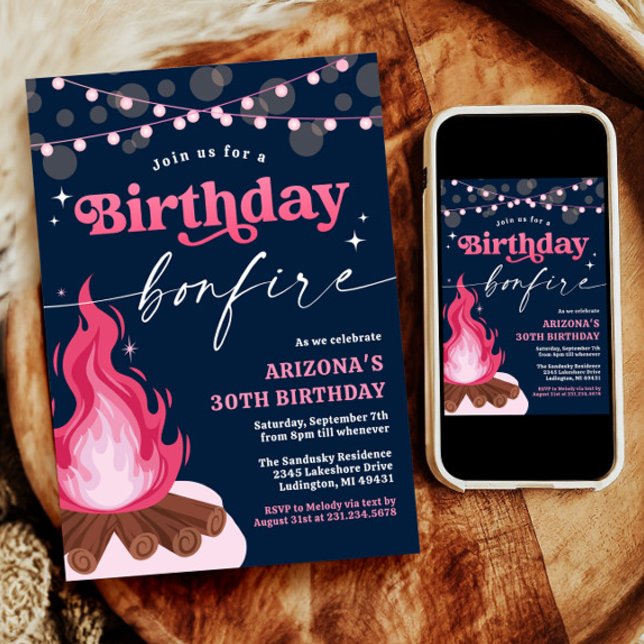 Modern Pink Birthday Bonfire Invitation (Modern Pink Birthday Bonfire Invitation
)