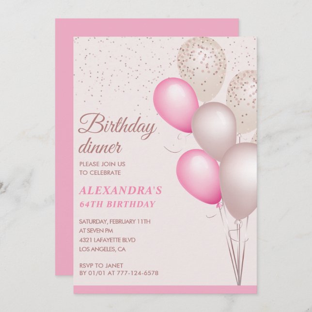 Modern Pink Birthday dinner 64th birthday Invitation (Front/Back)