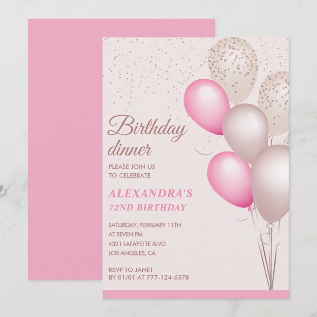 Modern Pink Birthday dinner 72nd birthday Invitation (Front/Back)
