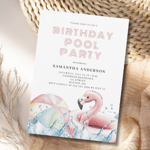 Modern Pink Birthday Pool Party  Invitation