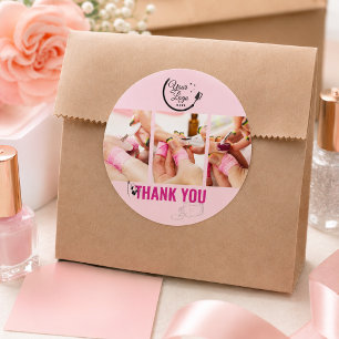 Modern Pink Black 3 Photo logo Art Nail Salon Classic Round Sticker