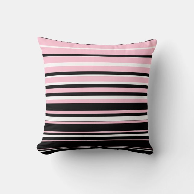 Modern Pink, Black and White Stripes Cushion (Front)