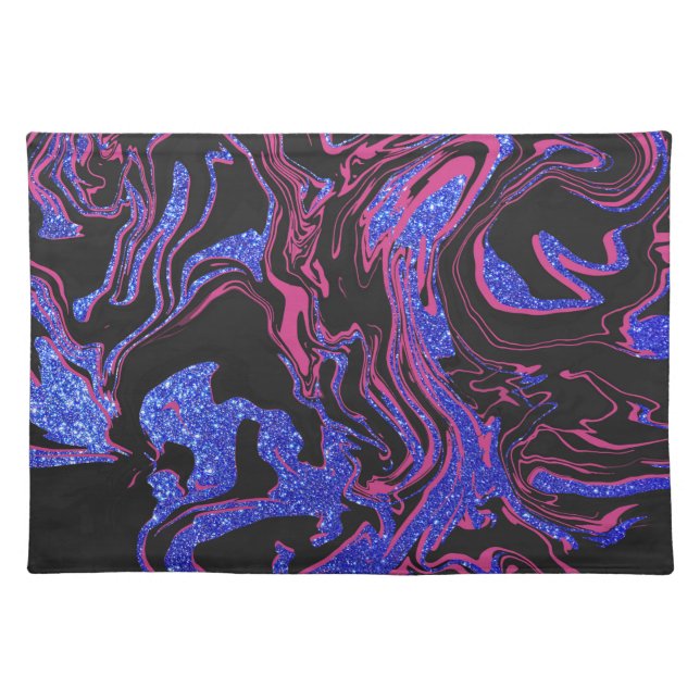 Modern Pink Black Blue Glitter Marble Pattern Placemat (Front)