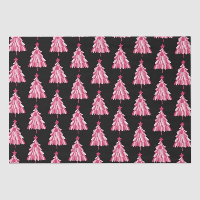 Modern Pink Black Christmas Tree Pattern Tissue Paper (Front)