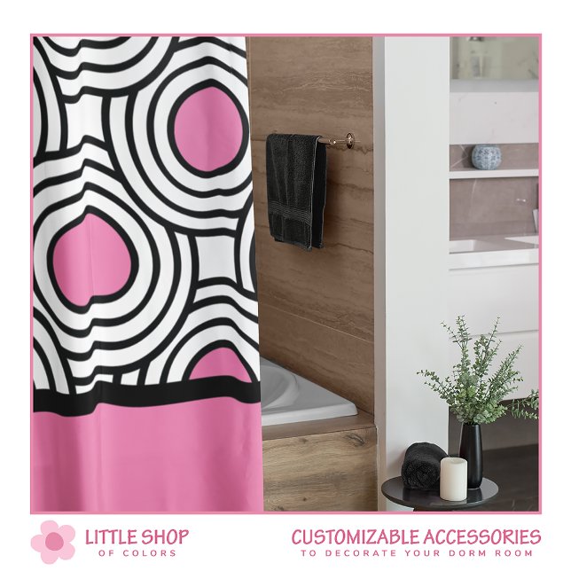 Modern Pink Black Circle Pattern Dorm Room Shower Curtain (Creator Uploaded)