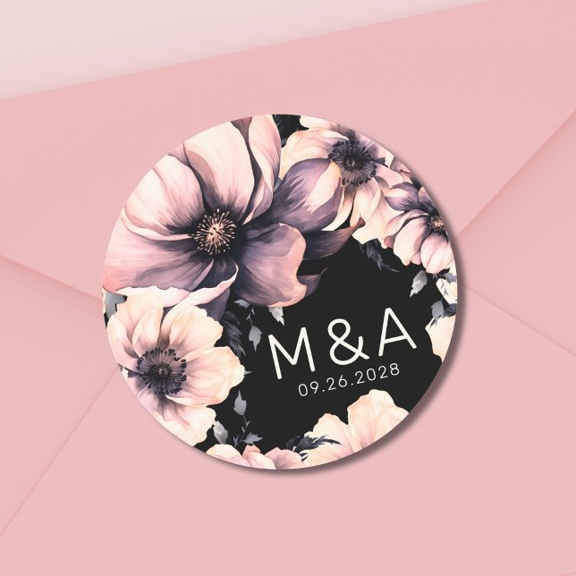 Modern Pink Black Floral Wedding Classic Round Sticker (Modern Elegant Boho Pink Black Floral Wedding Classic Round Sticker)