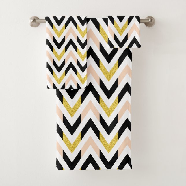 Modern Pink Black Gold White Chevron Pattern Bath Towel Set (Insitu)