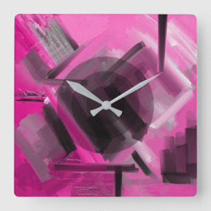 Modern Pink Black Grey Dynamic Abstract Art Square Wall Clock