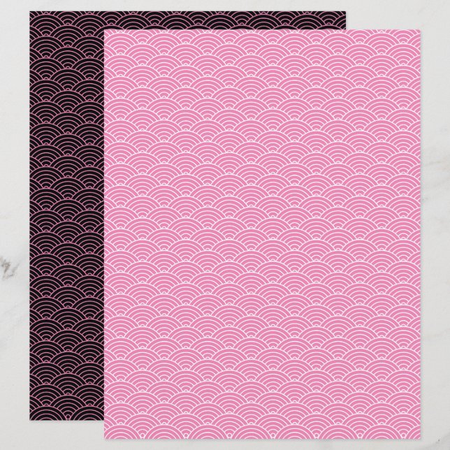 Modern Pink Black Japanese Wave Scrapbook Paper (Front/Back)