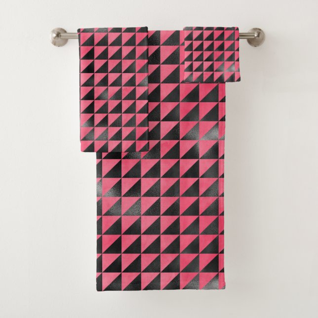 Modern Pink Black Metallic Shiny Geometric Pattern Bath Towel Set (Insitu)