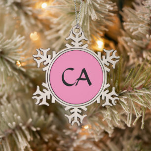 Modern Pink Black Monogram Initials Elegant Snowflake Pewter Christmas Ornament