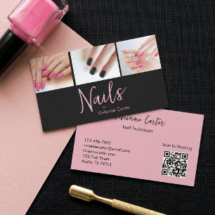 Modern Pink Black Script 3 Photo Nail QR Code Business Card