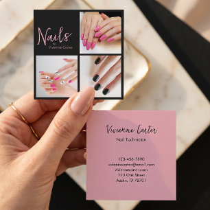 Modern Pink Black Script 3 Photo Nail Salon Square Business Card