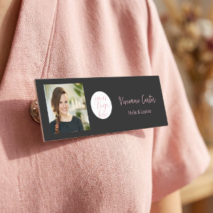 Modern Pink Black Script Logo Photo Nail Salon Name Tag