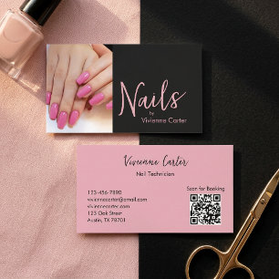 Modern Pink Black Script Photo Nail Artist QR Code Business Card
