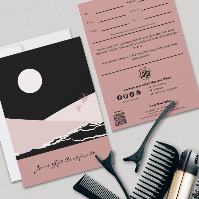 Modern Pink Black Stylist June Gift Certificate (Modern Pink Black Stylist June Gift Certificate, Logo, Social, QR Code)