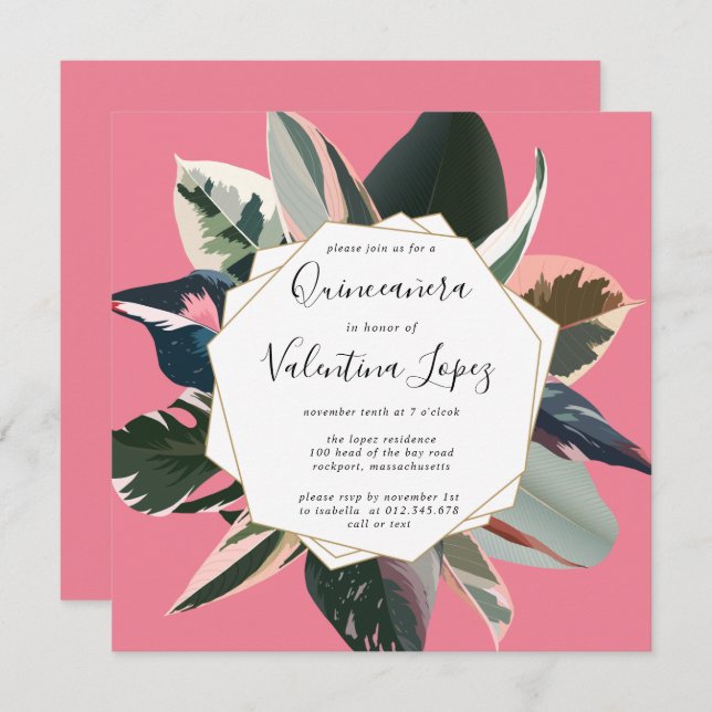 Modern Pink Black Tropical Quinceanera Invitation (Front/Back)