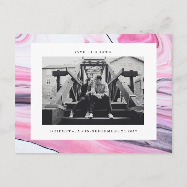 Modern pink black white marble Photo SAVE THE DATE Announcement Postcard (Front)