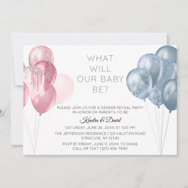 Modern Pink Blue Balloons Gender Reveal Party Invitation (Front)