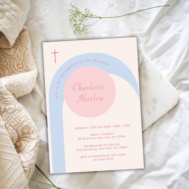 Modern Pink Blue Beige Boho Arch Cross Baptism Invitation (Modern Pink Blue Beige Boho Arch Cross Baptism Invitation)