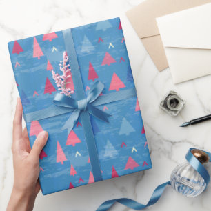 Modern Pink Blue Christmas Tree Pattern Wrapping Paper