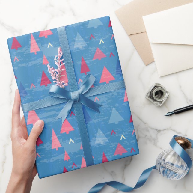Modern Pink Blue Christmas Tree Pattern Wrapping Paper (Gifting)