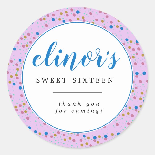 Modern Pink Blue Confetti Sweet 16 Thank You Classic Round Sticker (Front)