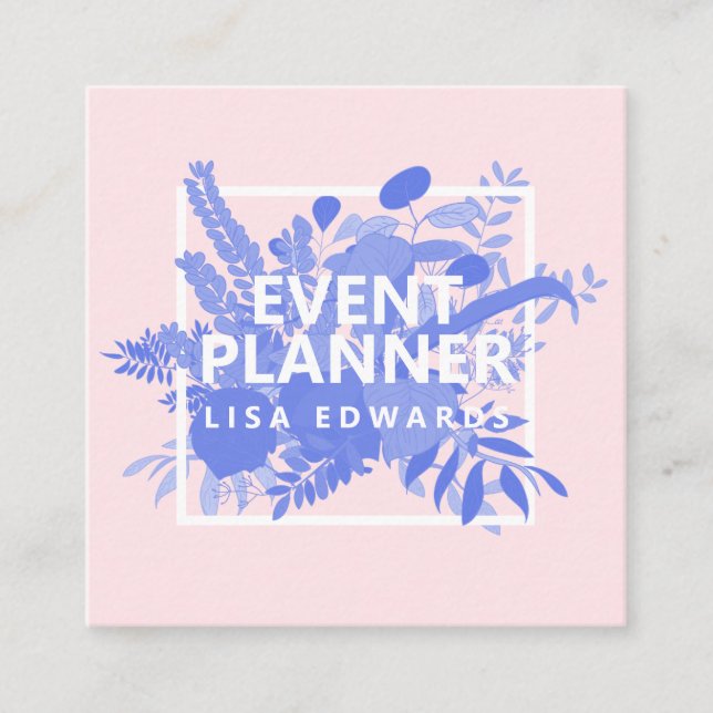 Modern pink blue floral illustration minimalist square business card (Front)