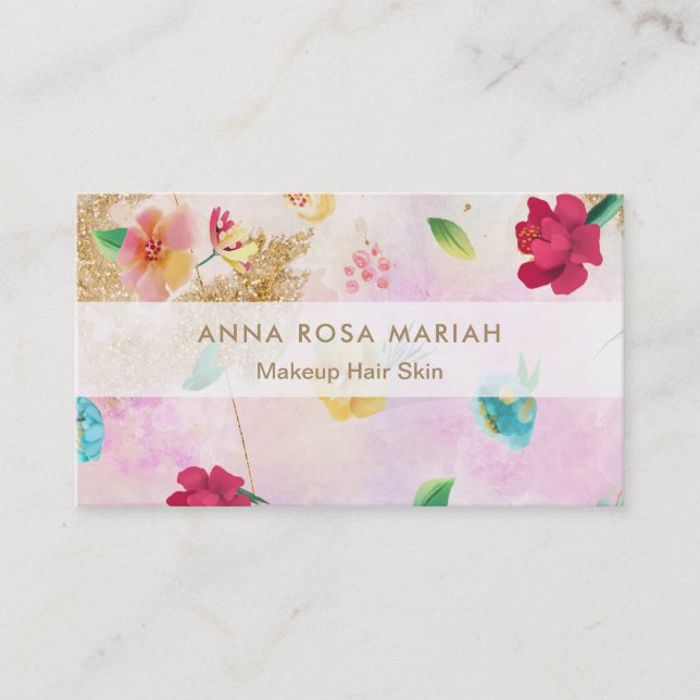 *~* Modern Pink Blue Floral Pattern Gold Glitter Business Card (Front)