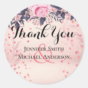 Modern Pink Blue Floral Wedding Classic Round Sticker
