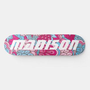 Modern Pink Blue Flowers Girly Floral Custom Name Skateboard