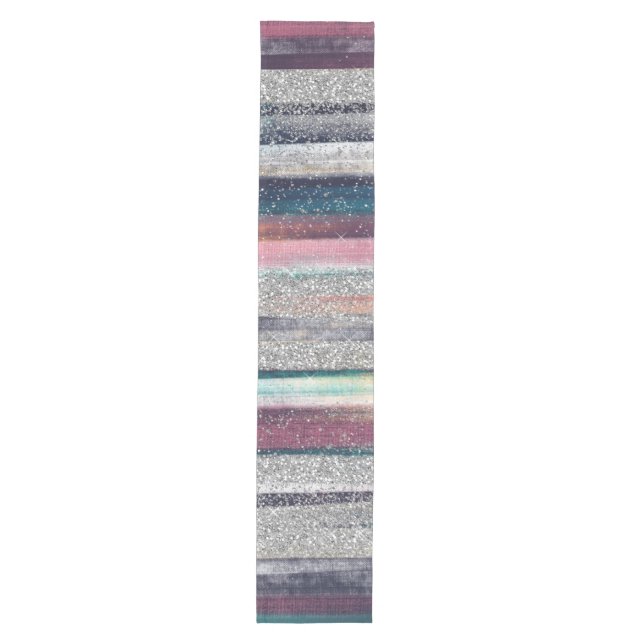 Modern Pink Blue Gold Glitter Brush Strokes Paint Medium Table Runner (Front)
