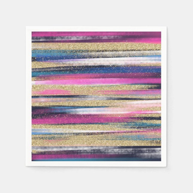 Modern Pink Blue Gold Glitter Brush Strokes Paint Napkin (Front)