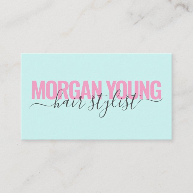 Modern pink blue hair stylist script signature business card (Front)