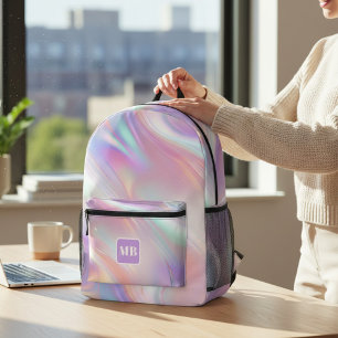 Modern Pink Blue Iridescent Swirl Monogram Printed Backpack