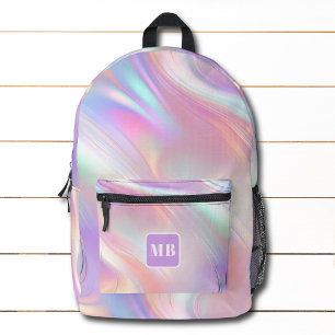 Modern Pink Blue Iridescent Swirl Monogram Printed Backpack
