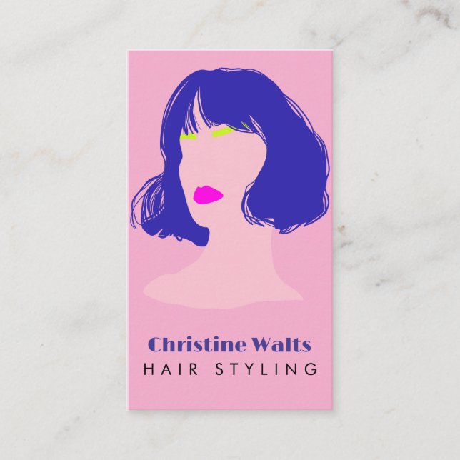 Modern Pink Blue Lime Hair Styling Flat Design QR Business Card (Front)