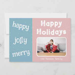 Modern Pink Blue Photo Snowflake Christmas Happy Holiday Card