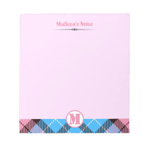 Modern Pink Blue Plaid Tartan Monogram Script Name Notepad