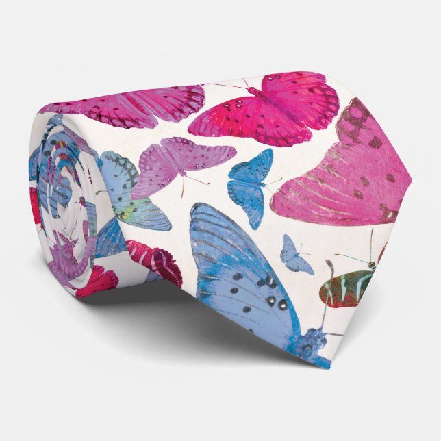 Modern Pink Blue Purple Butterfly Pattern Tie (Rolled)