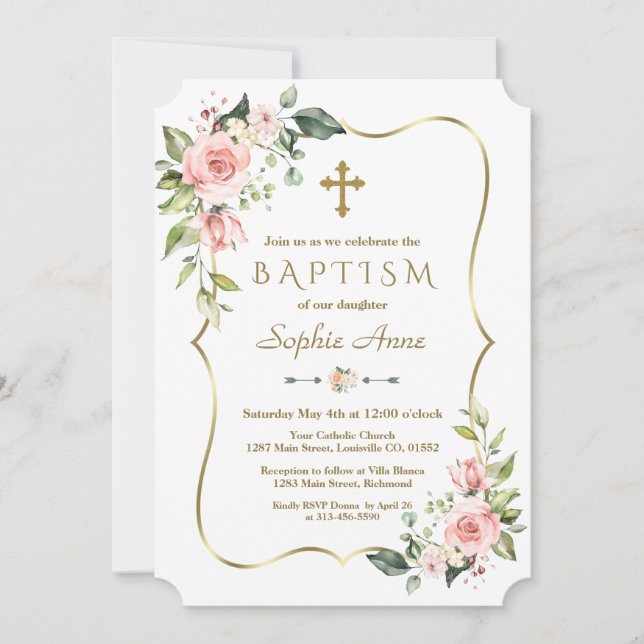 Modern Pink Blush Flowers Gold Frame Baptism Invitation (Front)