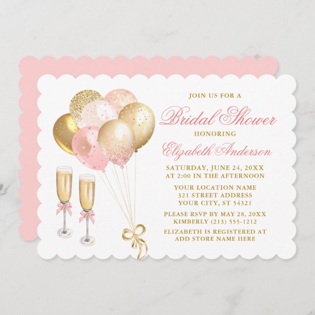 Modern Pink Blush Gold Balloons Bridal Shower Invitation (Front/Back)