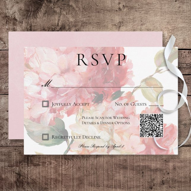 Modern Pink Blush Hydrangea Wedding QR Code RSVP Card (Modern Pink Blush Hydrangea Wedding Response Card with QR Code)
