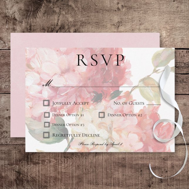 Modern Pink Blush Hydrangea Wedding RSVP Card (Modern Pink Blush Hydrangea Wedding Response Card with Dinner Options)