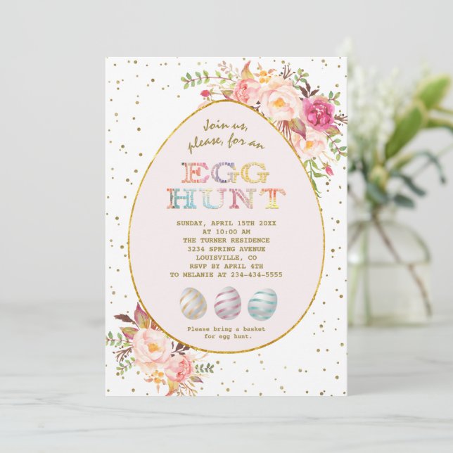 Modern Pink Blush Red FloralGold Egg Hunt Easter  Invitation (Standing Front)