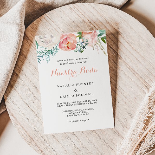 Modern Pink Blush Tropical Floral Spanish Wedding Invitation (Creator Uploaded)