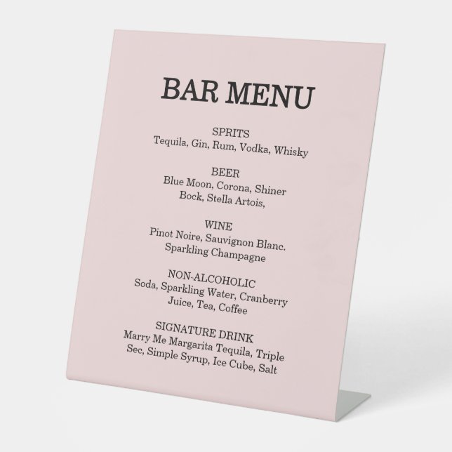 Modern Pink Blush Wedding Cocktail Menu  Pedestal Sign (Front)