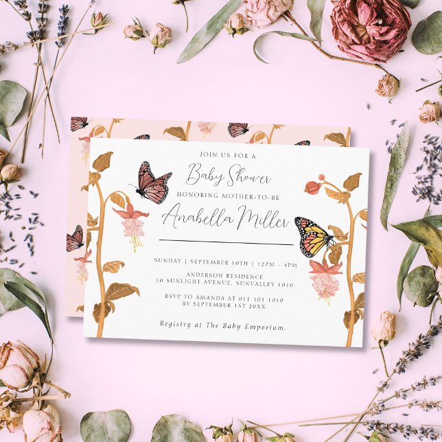 Modern Pink Boho Butterfly Girl Baby Shower Invitation (Creator Uploaded)