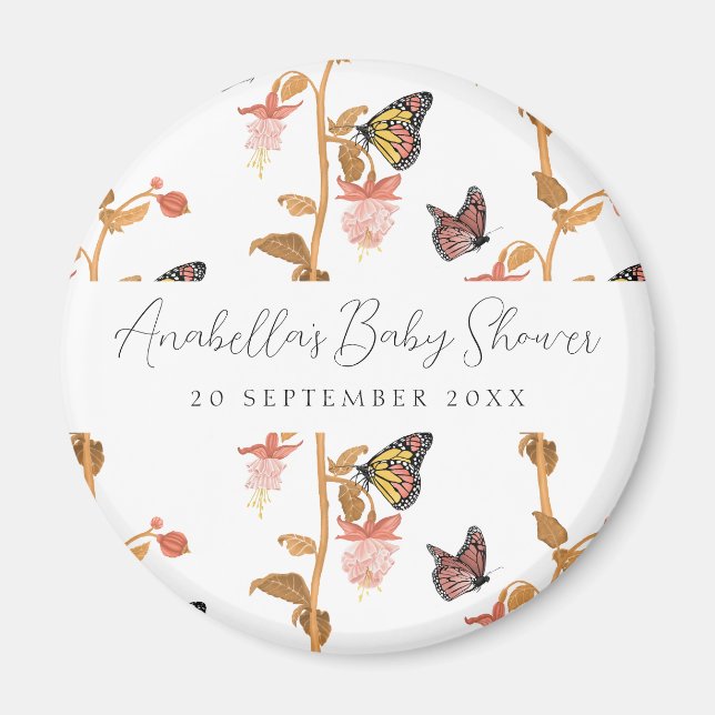 Modern Pink Boho Butterfly Girl Baby Shower Magnet (Front)