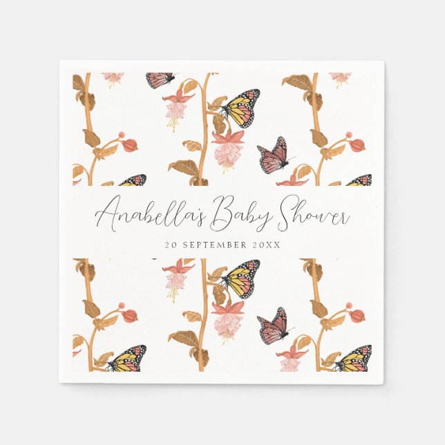 Modern Pink Boho Butterfly Girl Baby Shower Napkin (Front)